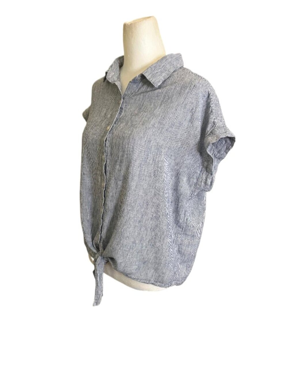 Weatherproof Blue Vintage Button Up Tie Front Washable Linen Top Size Medium - Picture 5 of 8